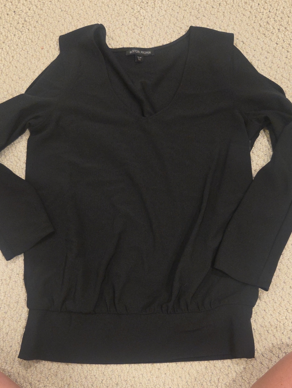 Boston Proper Beyond Travel Black V-Neck Cold Shoulder Blouson Size M